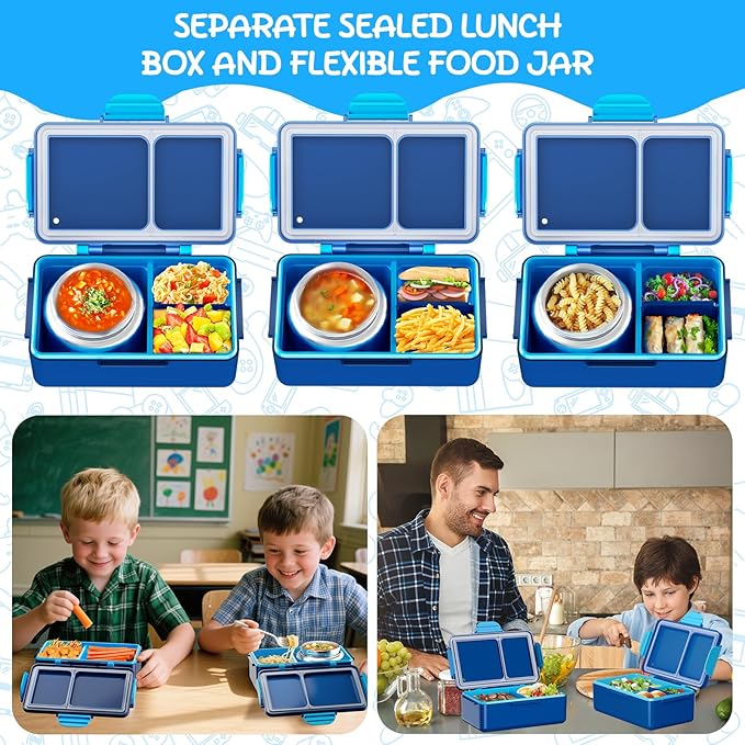 Dinosaur Bento Lunch Box for Kids – 12 oz Stainless‑Steel Soup Thermo & 3‑Compartment Leak‑Proof Food Container with Built‑In Ice Pack, Insulated Food Jar for Boys & Girls, School & Travel