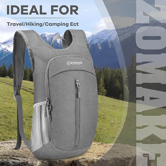 ZOMAKE 10L Ultra Lightweight Packable Backpack, Small Daypack Light Foldable Backpacks Water Resistant Day Bag for Hiking(Grey) | Water Resistant Collapsible Backpacks for Women Men, Everyday Carry, Multi Compartment Storage, Adjustable Strap(Grey A1)