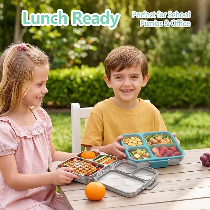 HOMEKOL Stainless Steel Bento Lunch Box, 3-Compartment Leak-Proof Metal Lunch Container for Kids & Adults, BPA-Free, Dishwasher Safe, Clear Tritan Lid, 4.2Cups/1000ml Grey (Not Insulated)