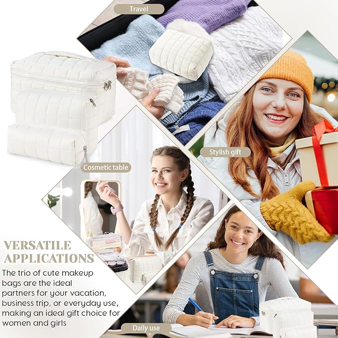 Huhumy 3 Pcs Large Puffy Makeup Bag Set Quilted Cosmetic Pouch for Women Cute Checkered Travel Toiletry Bag Puffer Makeup Organizer Purse Pouch Preppy Pencil Case with Zipper Valentine Gift(White)