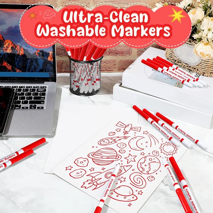 48 Pcs Line Washable Markers Bulk Red Fine Tip Markers Set Thin Coloring Mark Pens for Kids Red Tips Mark Pen for Art School Supplies, Back to School Supplies, Ages 6+