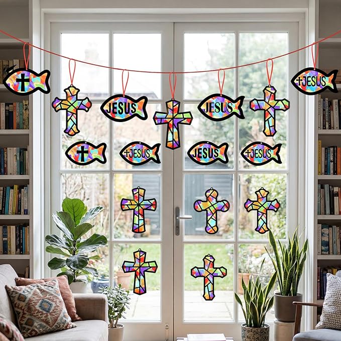 48PCS Sunday School VBS Crafts Bulk: Paper Cross Fish Nativity Suncatchers, Jesus Religious Christian Activity DIY Kits Church Decorations, Window Stained Glass Effect Art Supplies