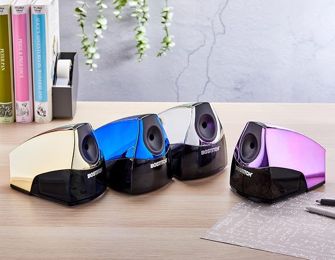 Bostitch Office Electric Pencil Sharpener for Classroom & Desk Use, Heavy-Duty Stall-Free Motor, High-Capacity Shavings Tray, Metallic Purple (Pack of 6)