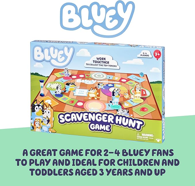 Bluey Scavenger Hunt Board Game, Cooperative Play with 4 Exclusive Mini-Figures, Indoor Games for Kids Ages 5+, Fun Toy Token Collecting Game