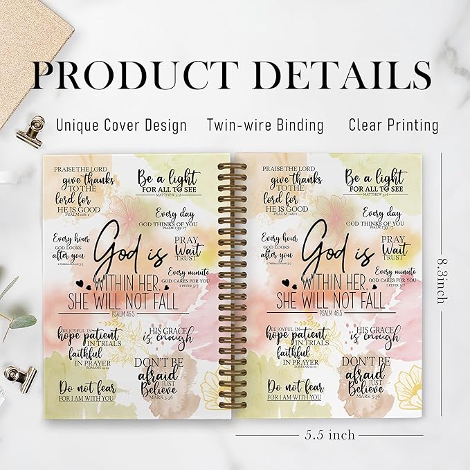 Christian Gifts for Women Spiral Notebook, God Is Within Her She Will Not Fall Journal Notebook, Bible Verse Notebooks for School Work, Inspirational Religious Office Supplies Gifts, 5.5x8.3Inch