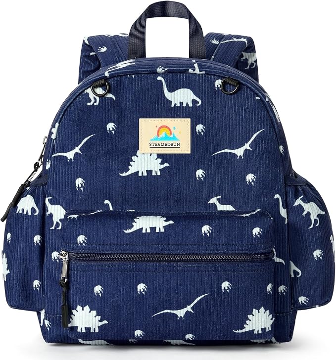 STEAMEDBUN Corduroy Toddler Backpack for Boys 2-4: Kids backpack for Boys Girls - 12 inch Preschool Kindergarten Backpacks - Dinosaur