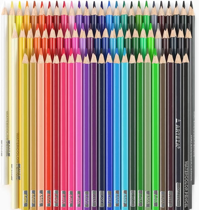 Arteza Watercolor Colored Pencils For Adult Coloring, 72 Colored Pencils in Assorted Shades, Triangular Shape, Drawing Pencils for Coloring Books and Canvas, Watercolor Brush Included, Art Supplies