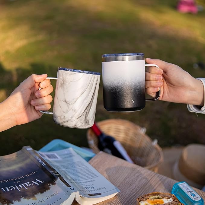 THILY Stainless Steel Insulated Travel Mug 12 oz Vacuum Insulated Coffee Cup with Handle, Spill-proof Lid, Keep Coffee Cold or Hot, Black & White