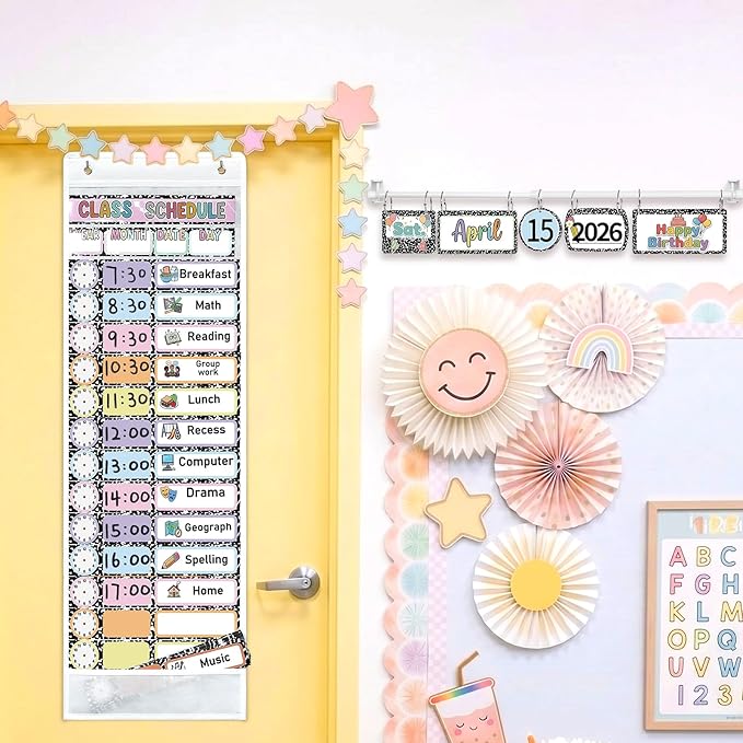 Colarr Classroom Daily Schedule and Magnetic Flip Calendar Bulletin Board Set Classroom Schedule Cutesy Visual Back to School Theme Decor for Preschool Elementary School Home Activity Supplies