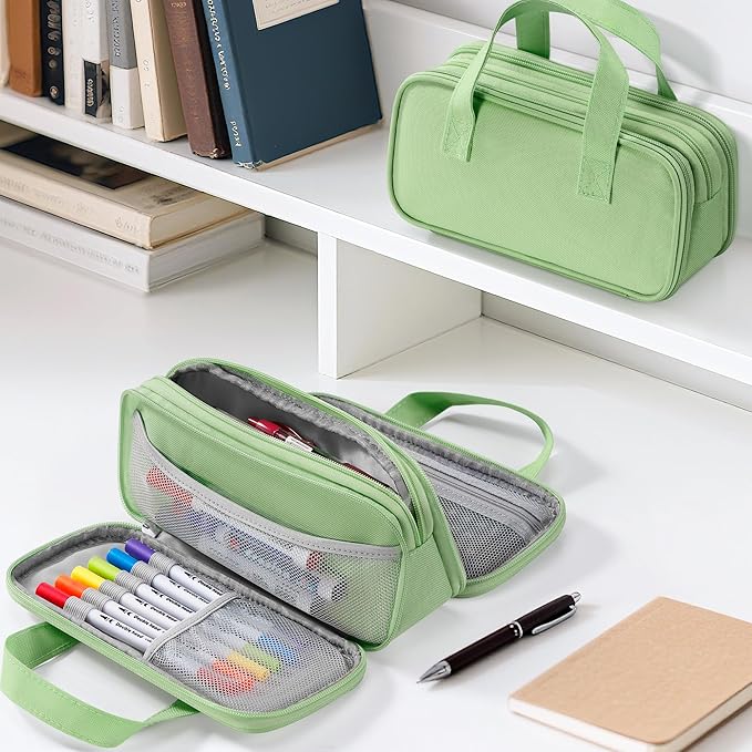 Zannaki Large Pencil Case, Big Capacity Pencil Pouch Pen Bag with 3 Compartment, Portable Canvas Stationery Organizer with Zipper, Cute Aesthetic School Supplies for Teen Girls Boys College,Green