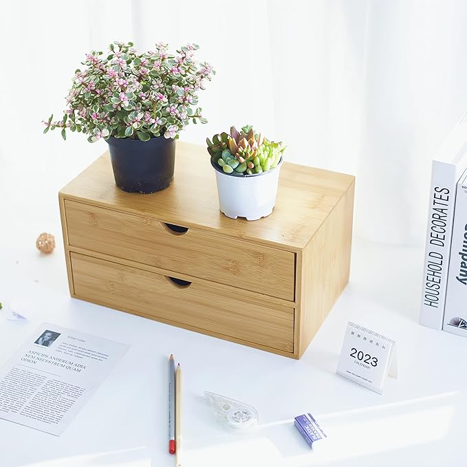 Charmewooden Bamboo Desk Organizer with Drawers, Countertop Organizer with Drawers Makeup Storage Drawer 2 Drawers Tabletop Storage Organization Box Home Office Workspace Bathroom Toiletries Supplies
