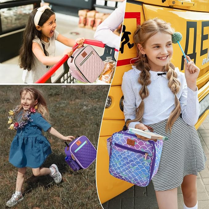 Genteen Kids Lunch Box Insulated Soft Mini Cooler with Bottle Holder, Lightweight Reusable Easy-Clean Lunch bag for Girls, Boys Back to School-Mermaid