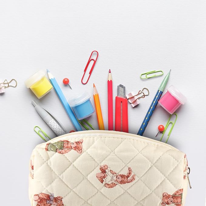 Sherr Bear Pencil Case Beige Cute Pencil Pouch Soft Cotton Quilted Storage Bag Aesthetic Pattern Gift Makeup Pouch Cosmetic Travel Bag for Women