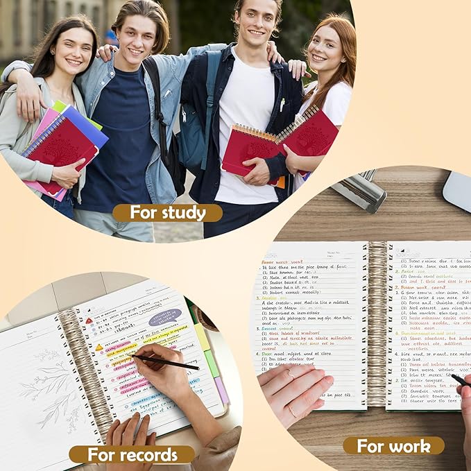 QIYVLOS Hardcover Spiral Notebook, A5 Journal with Removable Dividers Tabs, 5 Subject Notebook College Ruled, 320 Pages 6"x8" Leather Notebooks for Work School Study, Lined Journal for Women, Red