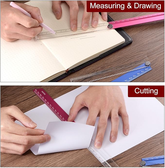 HARFINGTON Folding Straight Ruler 30cm Metric Aluminum Alloy Ruler with Angle Line & Wave Edge Geometric Measuring Tool for Children Architects Study Classroom Office, Red
