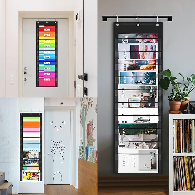 Storage Pocket Chart,Heavy Duty Wall File Organization Folder with 10 Clear File Pockets, 10 Blank Name Stickers Plus 3 Metal Hangers & 4 Hooks for Files, Bills, Classroom & Office (Black, 14” X 47”)
