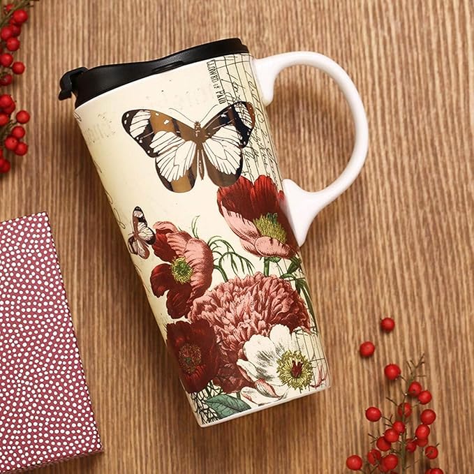 Topadorn 17 oz Ceramic Coffee Mug with Lid and Gift Box, Large Floral Coffee Cup with Handle, Porcelain Tea Mug for Women, Butterfly Design for Home Office