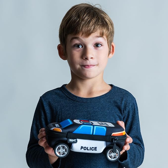 ZIPIT Police Car Pencil Case for Boys, Large Capacity Pencil Box for School with Spinning Wheels, Blue