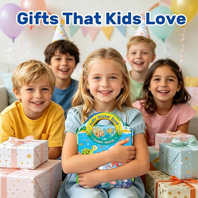 Elfew 6Pack Reusable Sticker Books for Toddlers 2-4, 3D Puffy Sticker Books for Kids Ages 1-3 3-5 with 6 Themes, Waterproof Mess-Free Sticker Activity Book, Travel Toys Birthday Gifts for Boys Girls