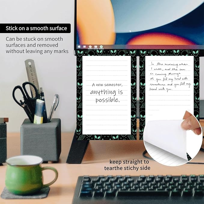 2 Pack Lined Sticky Notes 4x6 in, Cute Self-Stick Notepads with Lines, Large Memo Pads Strong Adhesive for Office, Home Cute Alien Stars