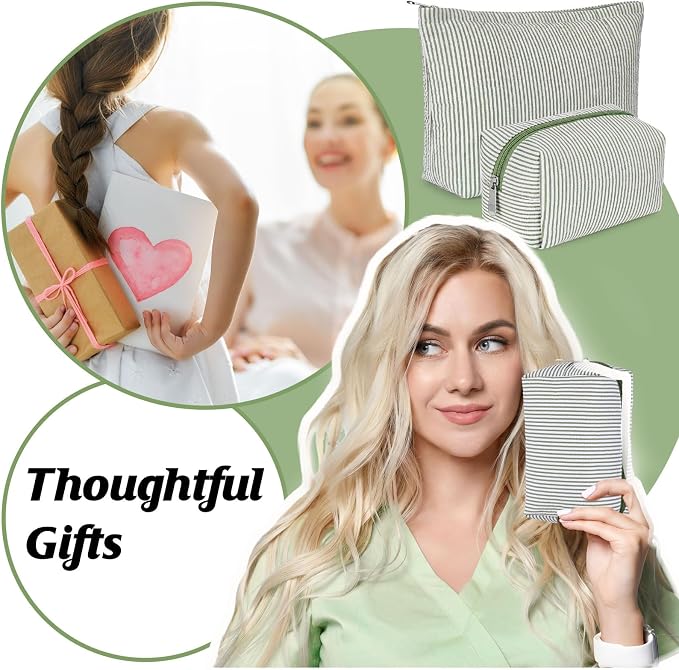 Huhumy 2 Pcs Makeup Bag Set for Women, Bean Green, Thin Striped Seersucker | Cute Cosmetic Pouch Women Travel Toiletry Bag Preppy Small Makeup Purse Pouch Aesthetic Skincare Brushes Storage Organizer