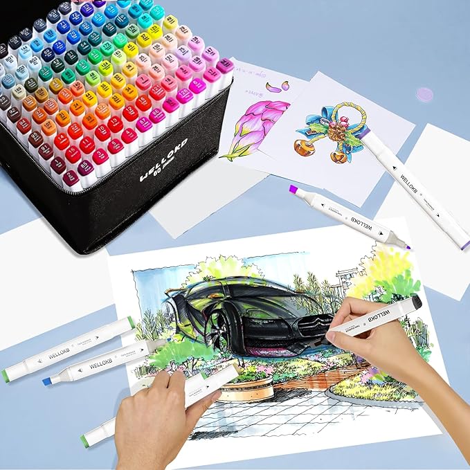 WELLOKB Alcohol Markers, 60 Colors Dual Tip Blender Art Markers for Coloring, Illustrations, and Sketching, Alcohol Based Set with Carrying Case