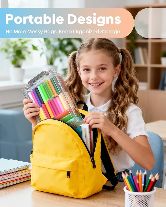 BiuLeon 8 Pack Large Pencil Box Set, Plastic Clear Pencil Case Marker Organizer, Crayon Box Craft Organizers, Stackable Storage Containers with Lid for Pen, Art and Craft Supplies(Grey)