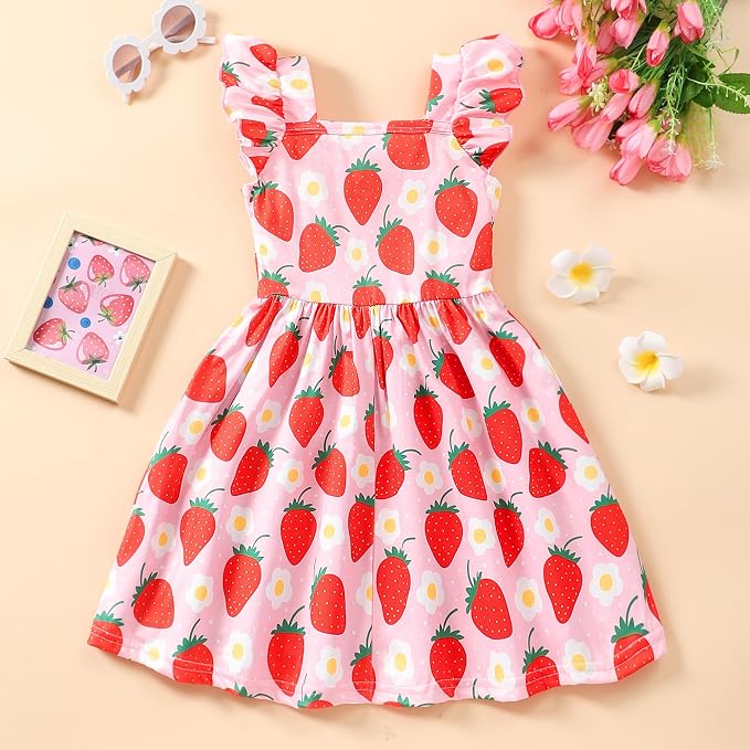 Popshion Girls Dresses Flutter Sleeve Swing Sundress Toddler Summer Clothes Kid Birthday Party Sleeveless Dress 1-8 Years Old