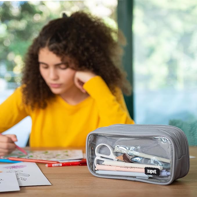 ZIPIT Half & Half Pencil Case, 3-Compartment Aesthetic Zipper Pouch, Grey | Clear-front pencil case for school, dedicated organizer panels, holds up to 70 pens & pencils, durable easy-care polyester