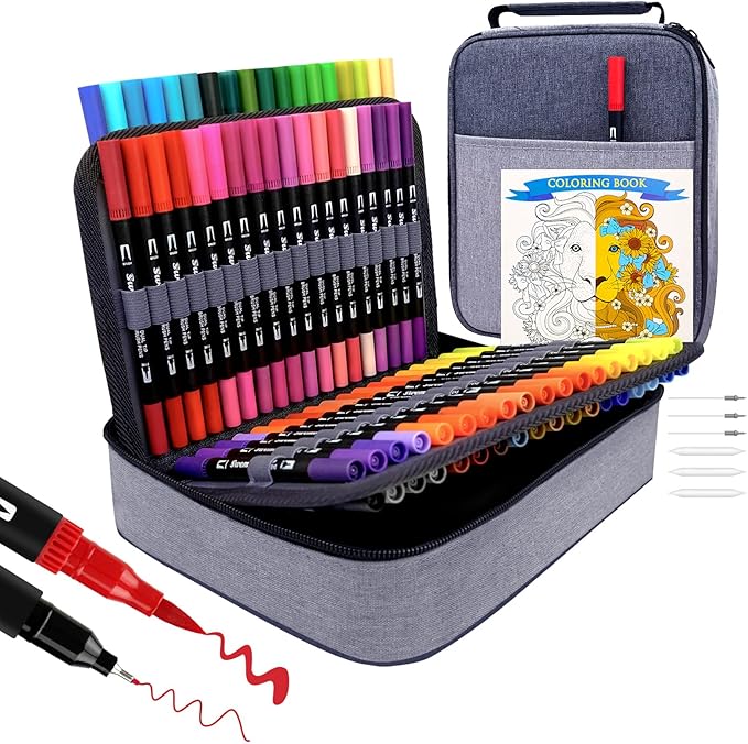 Swemos Markers for Adult Coloring Book, 72 Colors Art Markers Set Dual Tip Brush Pen, Coloring Markers Fine Point Artist Drawing Paintings Diaries Journaling Art projects Art Supplies with Case