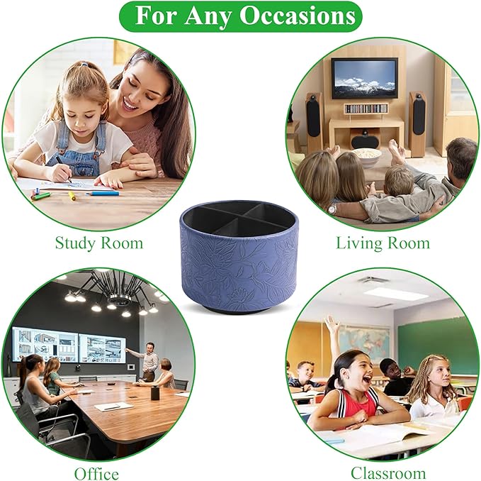 Round Leather Art Supply Organizer,Remote Control Holder,360 Degree Spinning,Multi-Functional Pencil Holder,4 Compartments Desktop Stationary Organizer(1-Carved Dark Blue)