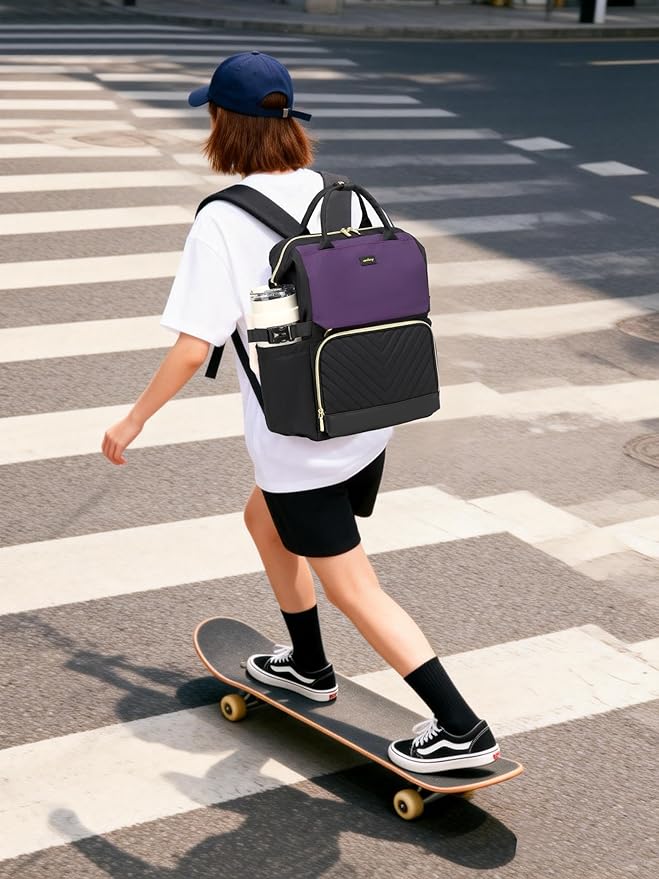 Computer Backpack for Women, Work Bag Laptop Bookbag with Cup Holder & USB Charger for Teacher Nurse College Travel Back Pack, Gifts, Black DarkPurple