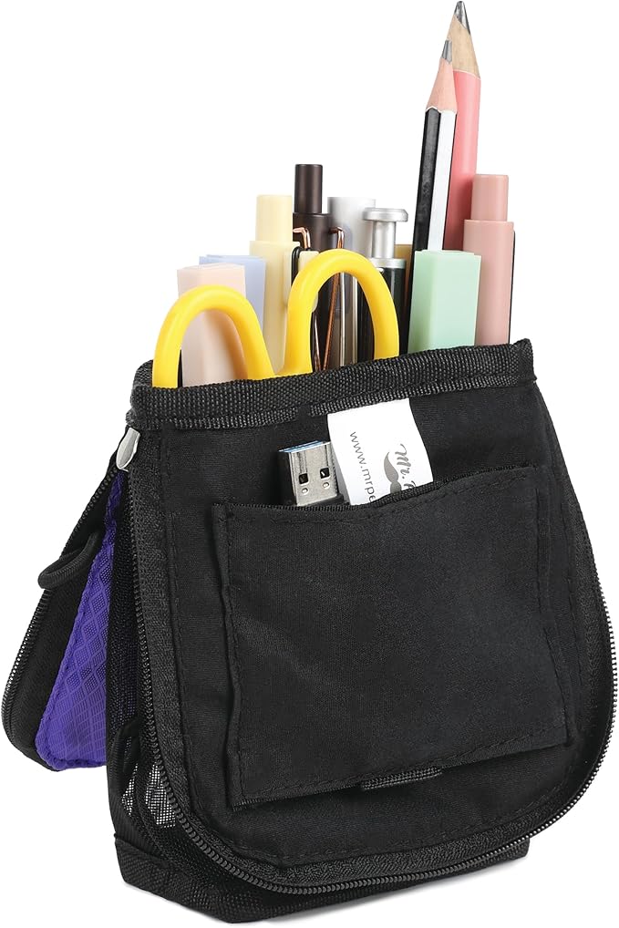 Mr. Pen- Standing Pencil Case Pouch, Sit & Lay Mesh-View Design, Black & Purple, Interior Pocket & 2 Elastic Binder Loops, Cute Pencil Case for Girls and Boys