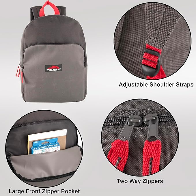 Trail maker 15 Inch Backpack for Kids, Preschool, Elementary & Middle School Students – Spacious Bookbag with Large Front Pocket, Adjustable Straps, Fits up to 13 Inch Laptop (Grey)