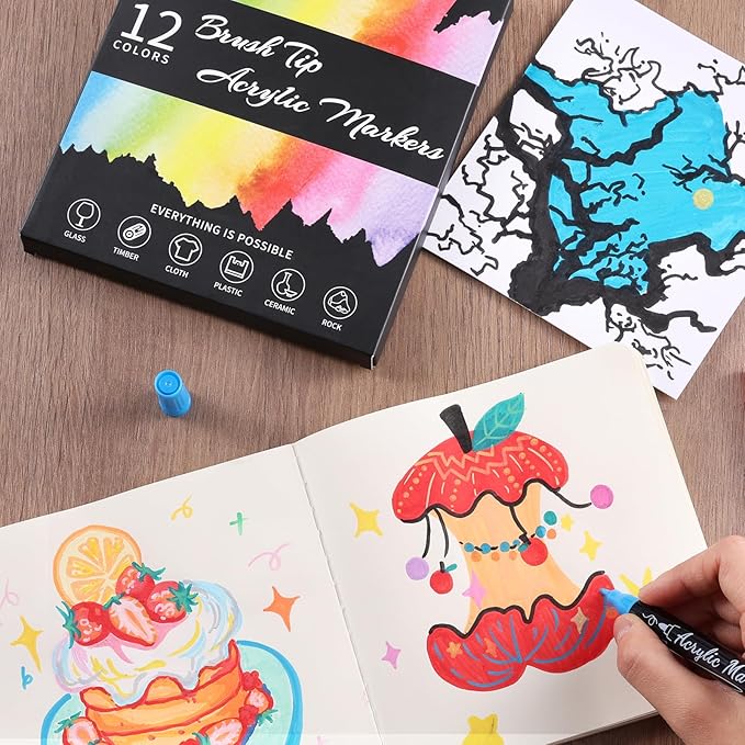TOSHARE 12 Colors Acrylic Paint Markers, Brush & Fine Dual Tip Acrylic Paint Pens for Rock, Wood, Paper, Fabric, Canvas, Glass, Ceramic, Egg, Scrapbook and DIY Crafts Supplies Art Gifts