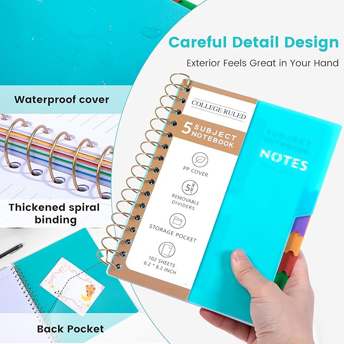 CAGIE Small Spiral Notebooks with Removable Dividers Tabs, 5 Subject Notebook College Ruled, A5 Notebooks for School Work with Plastic Cover, Back Pocket, Spiral Bound, Teal