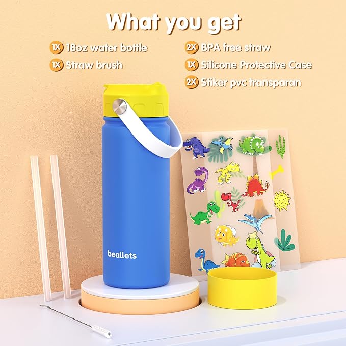 18oz Kids Insulated Water Bottle, Straw Cup | DIY Stickers, BPA-Free, 316 Stainless Steel, Silicone Boot, Keeps Cold 24h, Leak-proof, School, Sports