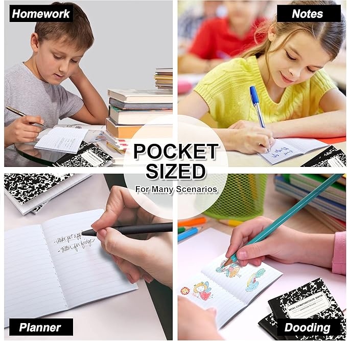 feela Mini Composition Notebook, Cute 30 Pack Black Narrow Ruled Mini Composition Books Bulk, Small Pocket Marble Journal Notebooks for Kids Students College Office, Pocket Size 4.5 x 3.25 in