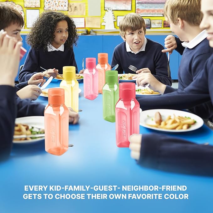 Bulk Set of 8 - 10oz Multicolor Water Bottles for Kids and Adults - Leak Proof With Carry Strap - Square Reusable for Juice, Drinks - BPA-Free Dishwasher-Safe