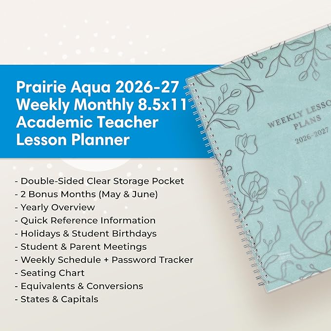 Blue Sky 2026-2027 Weekly and Monthly Academic Year Teacher Lesson Planner Calendar, July 2026 - June 2027, 8.5" x 11", Flexible Cover, Wirebound, Laminated Tabs, Storage Pocket, Prairie Aqua