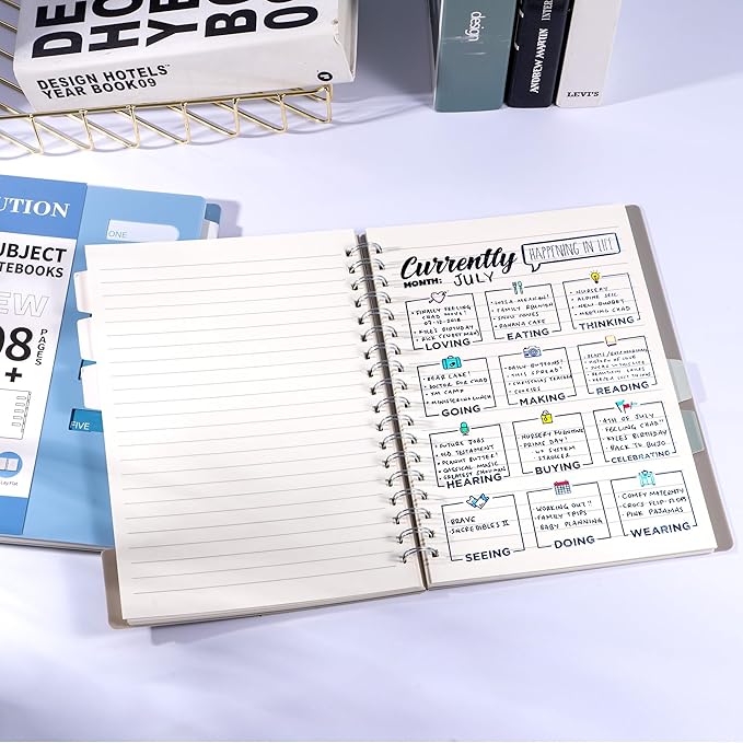 FLYING EAGLE Small Spiral Notebook 5 Subject Notebook Wide Ruled with Dividers Tabs Waterproof Plastic Cover Thick Paper Notebooks for Work School, 7x10 Blue