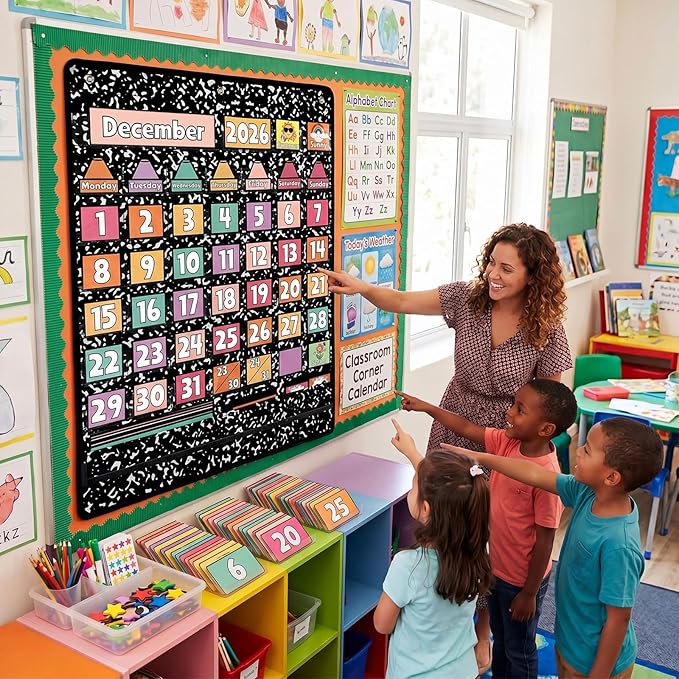 Gueevin Classroom Calendar Pocket Chart Set Composition Calendar Bulletin Board Set Seasons Festival Weather Bulletin Board Display with Cards Pocket Chart for Classroom Back to School Decoration