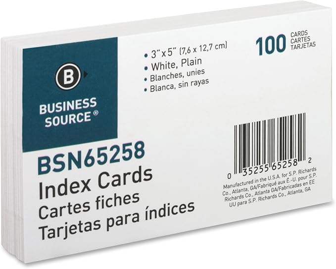 Business Source Index Cards, Plain, 3" x 5", White, 100 Count