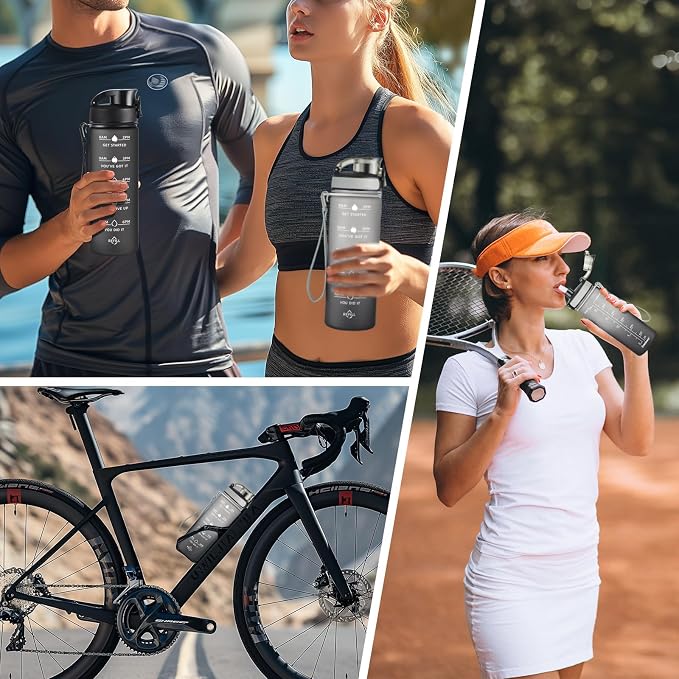 Enerbone Water Bottle, Leakproof BPA & Toxic Free, Motivational Water Bottle with Times to Drink and Straw, Fitness Sports Water Bottle with Strap for Office, Gym, Outdoor Sports