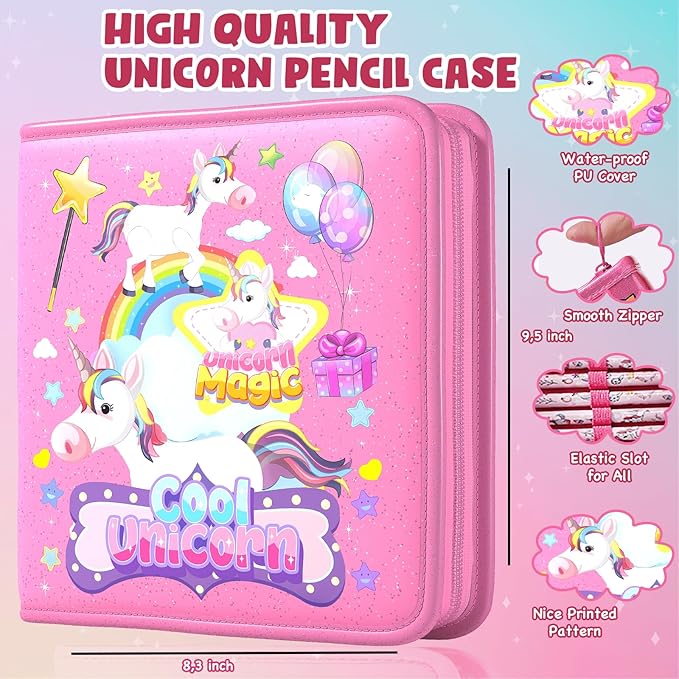 DOKKIA Fruit Scented Coloring Pens Markers Set 65 PCS Art Craft Drawing Case - Washable Kits Pencil,Gel Pen,Crayon&Coloring Book Supplies Rainbow Unicorn Pink