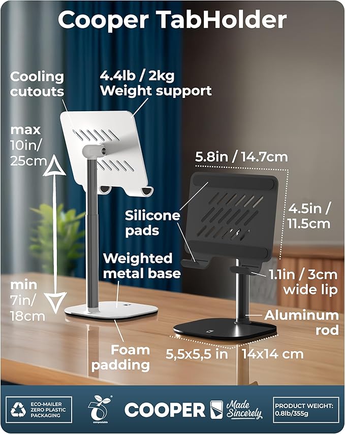 COOPER TabHolder, 7-10" Height Adjustable Tablet Stand, Premium iPad Stand for Desk, 270° Tilt iPad Holder for Desk, Tablet Holder, 15.6-17" Portable Monitor Support (Black)