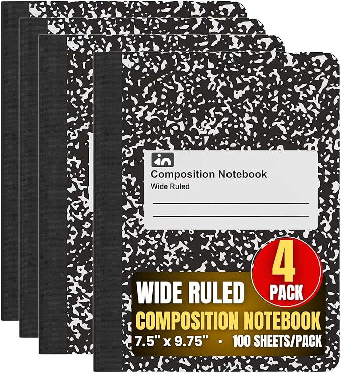 1InTheOffice Composition Notebook Wide Ruled, 1 Subject Notebook, Marble, 7.5" x 9.75", 100 Sheets, Black, 4 Pack