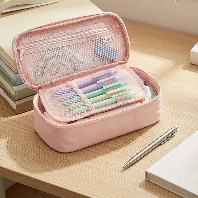 SUNEE Cute Pencil Case, Large Capacity Pencil Pouch, Big Storage Organizer for Stationery, Zipper Pen Bag,Back to School Supplies,Office Water-Repellent Nylon Pencil Bag for Teen Girls Boys,Light Pink