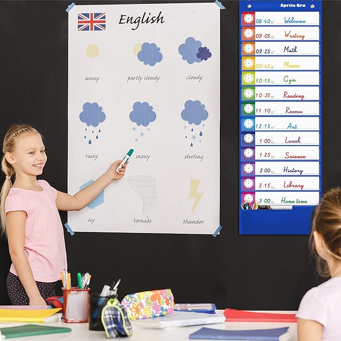 Daily Schedule Pocket Chart, Classroom Charts with 13+1 Pockets, 13 Double-Sided Reusable Colored Cards, 13 Blank Ones and 2 Over-Door Mounting Hangers Include (Blue, 13” x 36”)