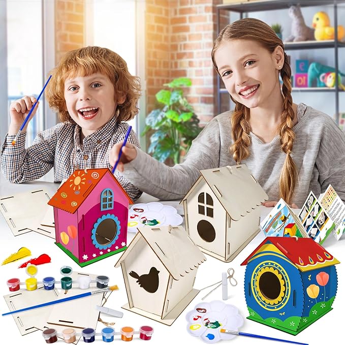 Heyzeibo 4Pack Birdhouse Kit, Craft Kits for Kids to Build and Paint Bird House, Easter DIY Wooden Arts and Crafts for Girls Boys Toddler
